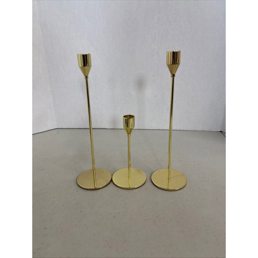 Gold Taper Candle Holder Set of 3 Minimalist Polished‎ Metal Candlesticks Tiered